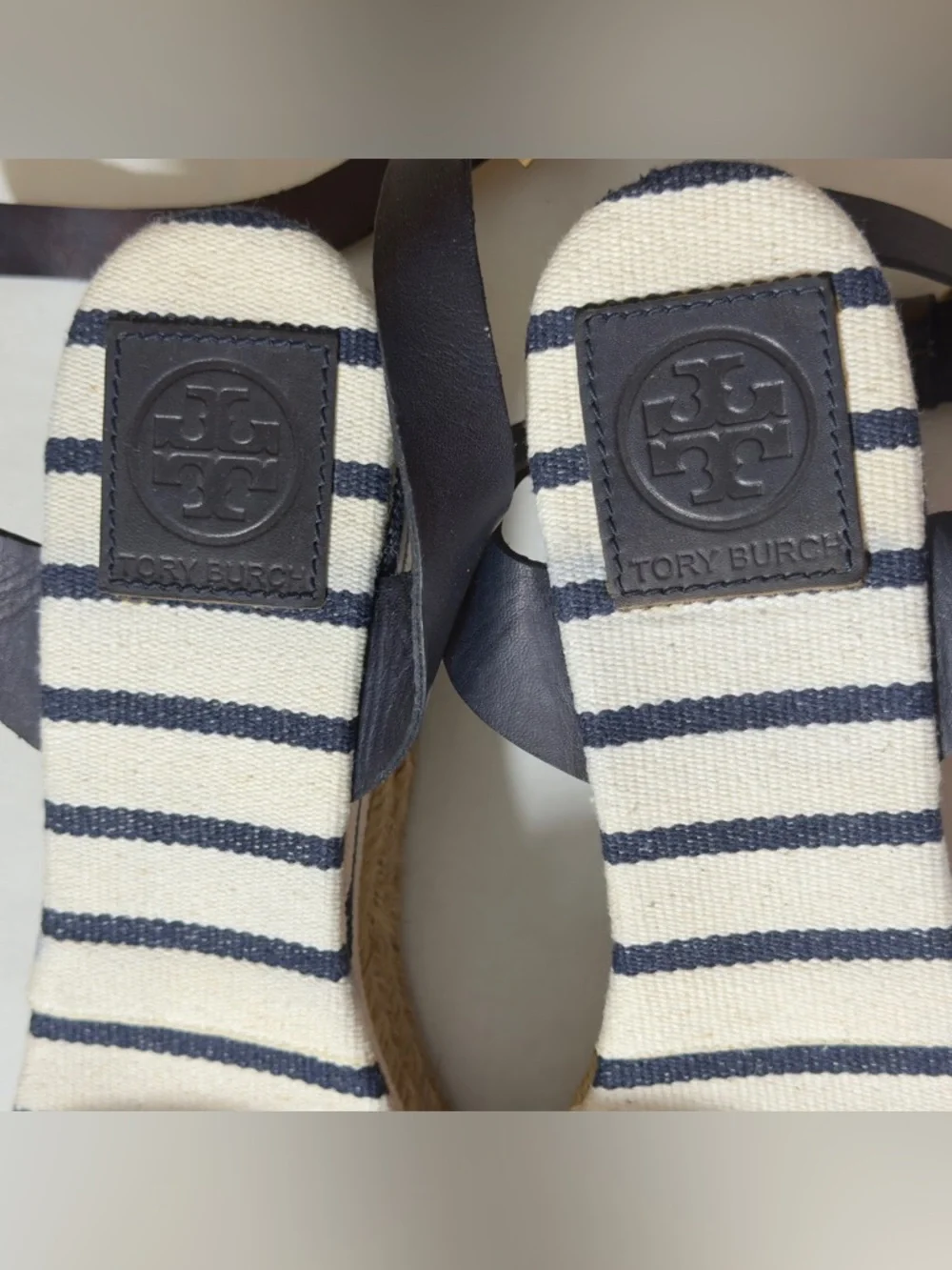 Tory Burch Navy & Cream Striped Espadrille Sandals